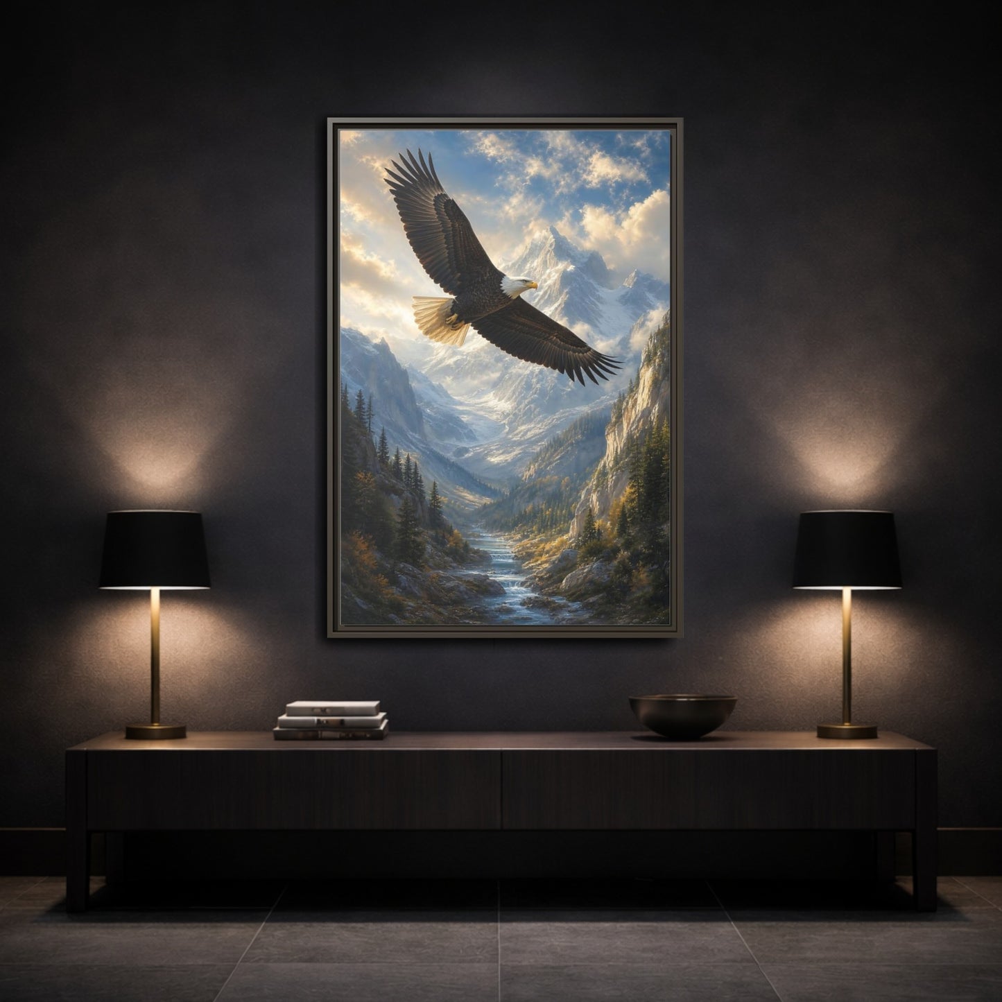 Animals Eagle Mountain Valley Framed Canvas Wall Art - Realistic Living Room Above Couch shown as canvas wall art