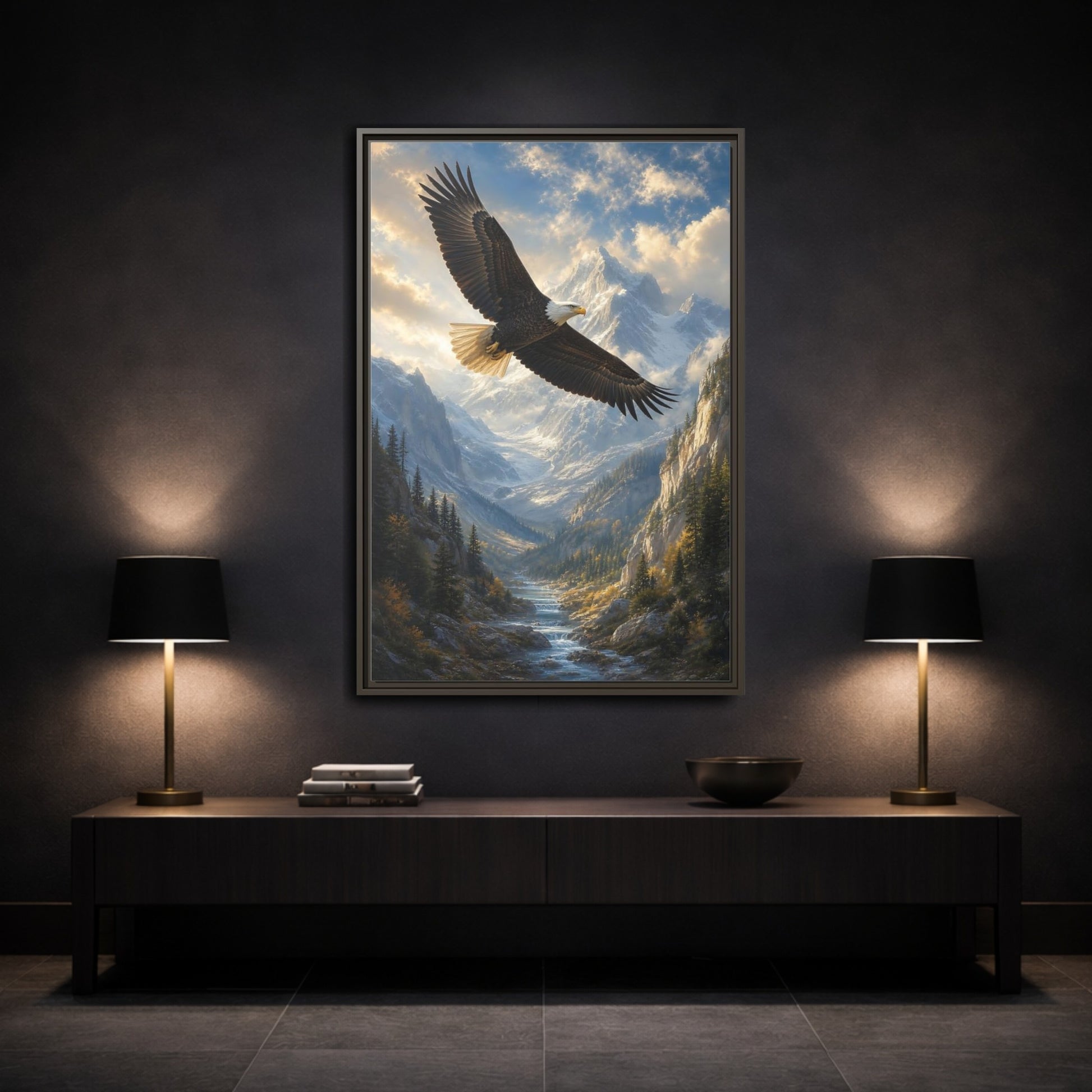 Animals Eagle Mountain Valley Framed Canvas Wall Art - Realistic Living Room Above Couch shown as canvas wall art