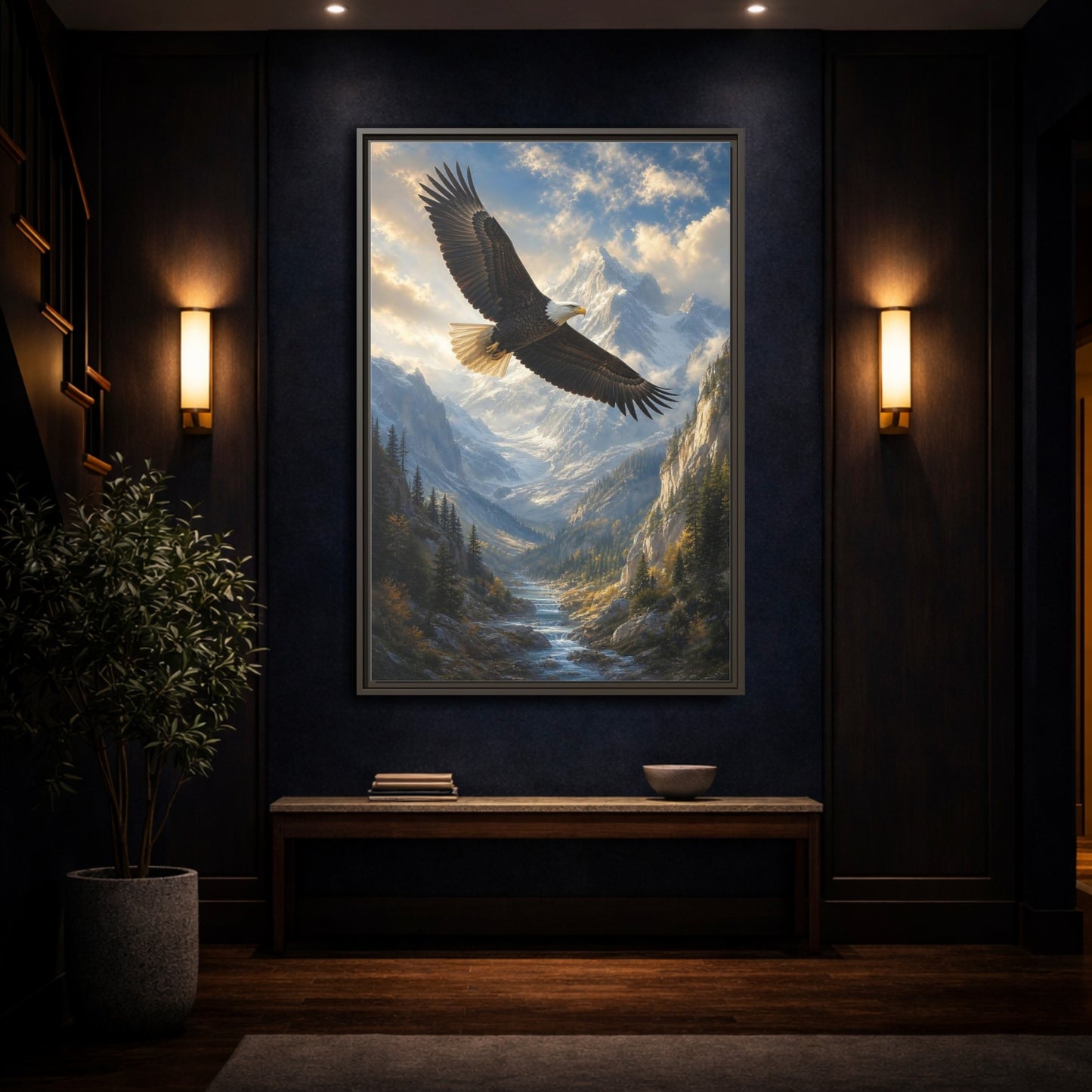 Animals Eagle Mountain Valley Framed Canvas Wall Art - Realistic Living Room Above Couch shown as canvas wall art