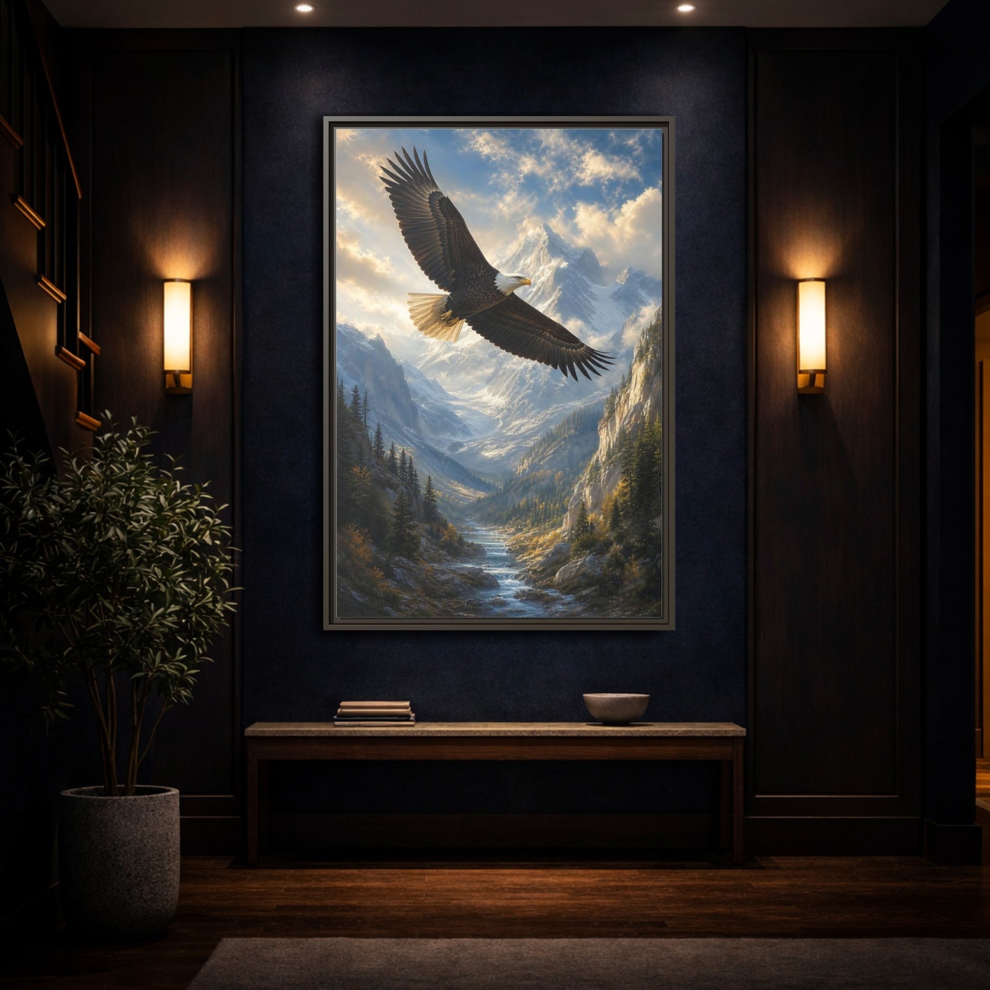 Animals Eagle Mountain Valley Framed Canvas Wall Art - Realistic Living Room Above Couch shown as canvas wall art