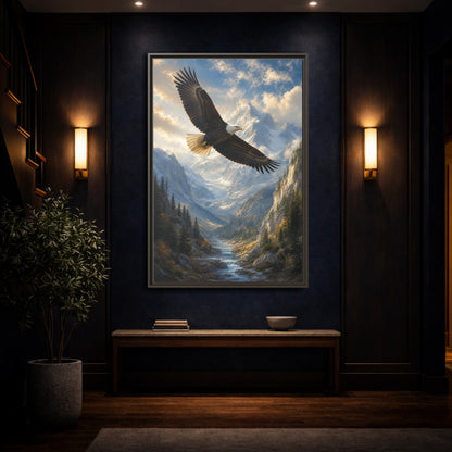 Animals Eagle Mountain Valley Framed Canvas Wall Art - Realistic Living Room Above Couch shown as canvas wall art