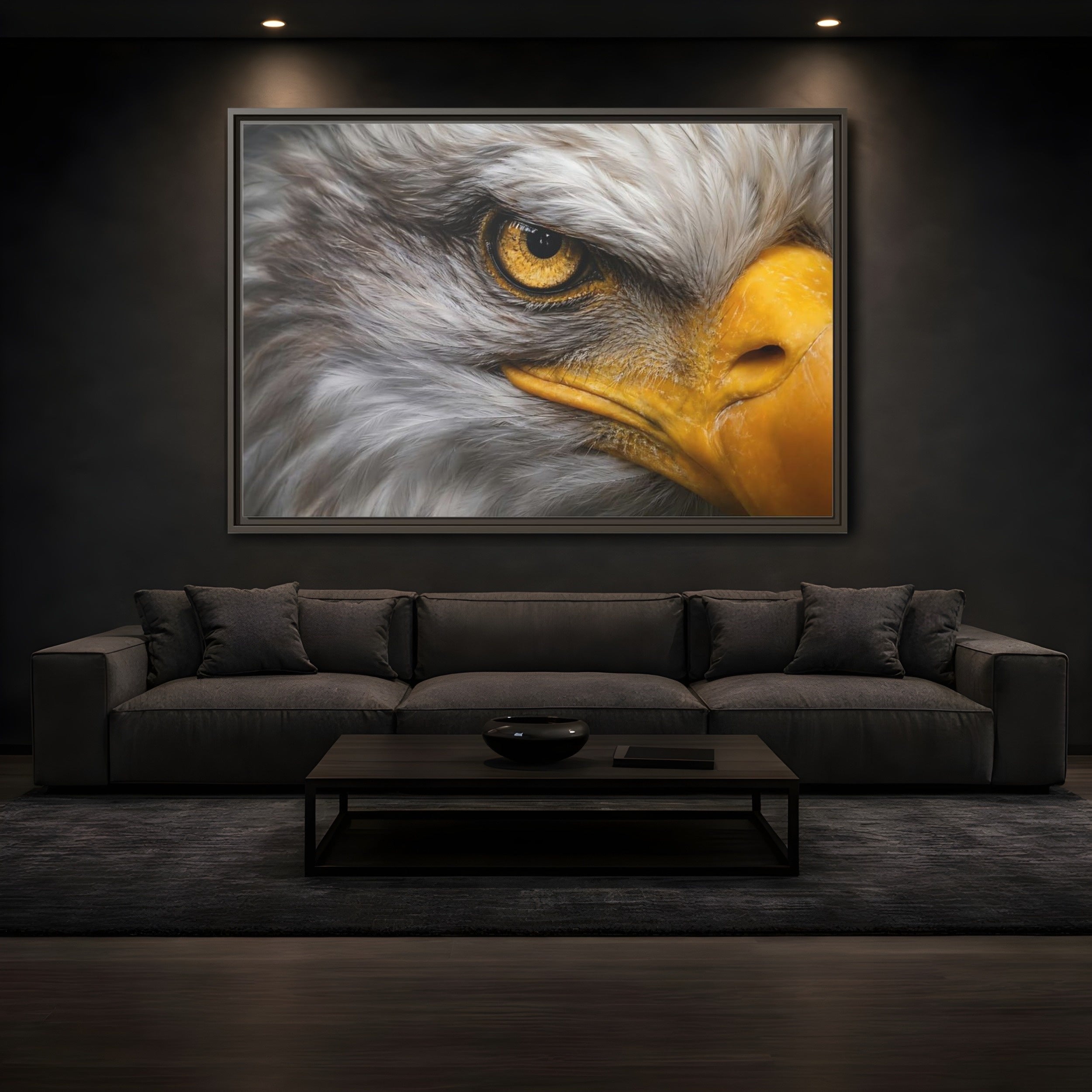 Mockup 3. Animals Eagle Gray And Yellow shown as stretched canvas wall art