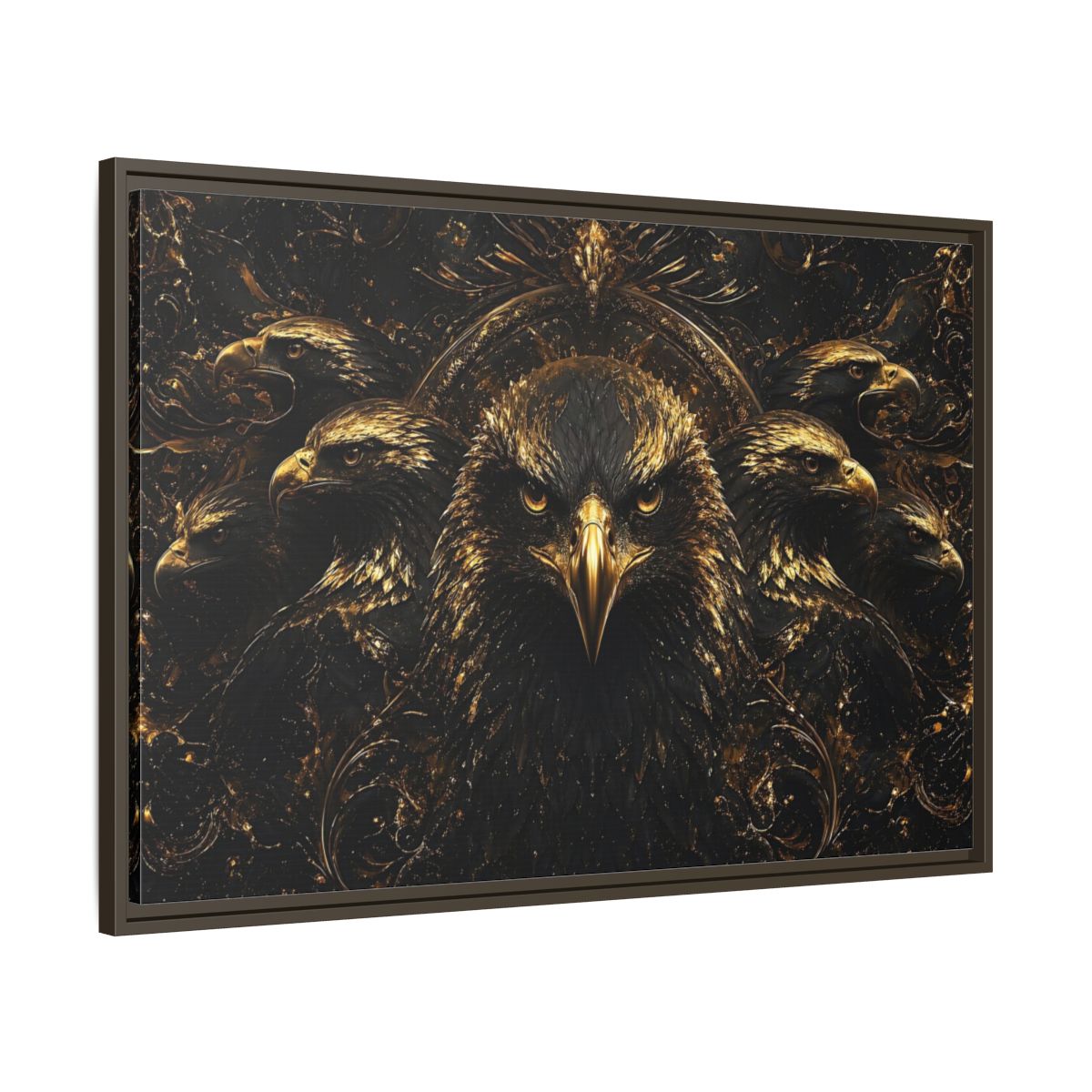 Main Mockup. Animals Eagles Black And Gold Eagle shown as stretched canvas wall art