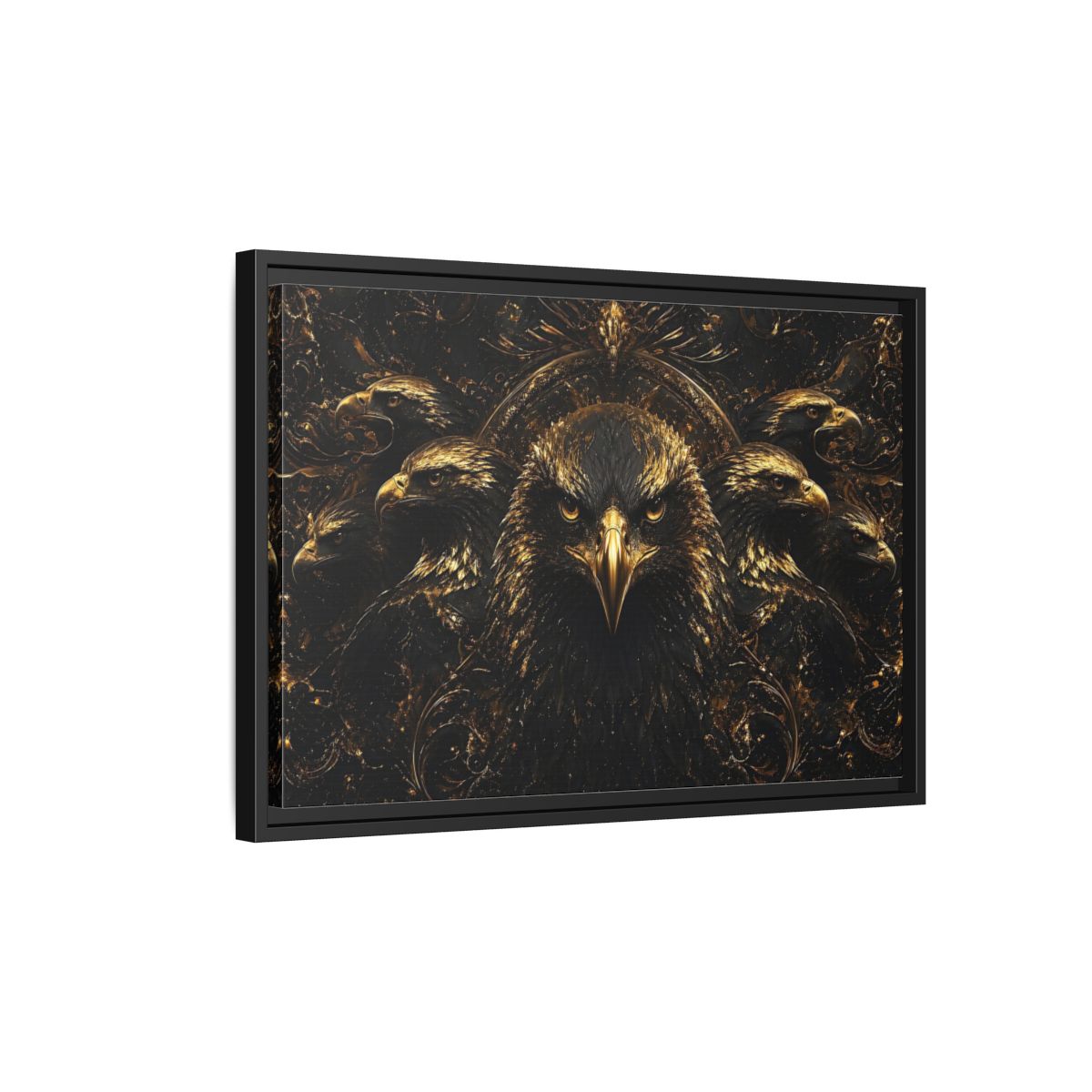 Side Mockup 3. Animals Eagles Black And Gold Eagle shown as stretched canvas wall art