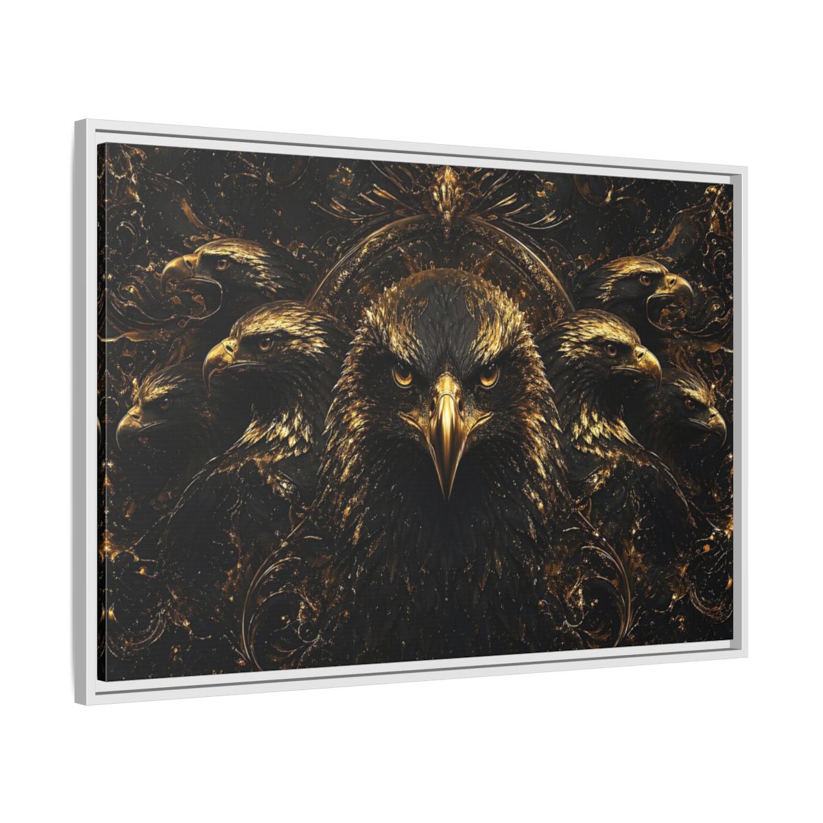 Side Mockup 9. Animals Eagles Black And Gold Eagle shown as stretched canvas wall art