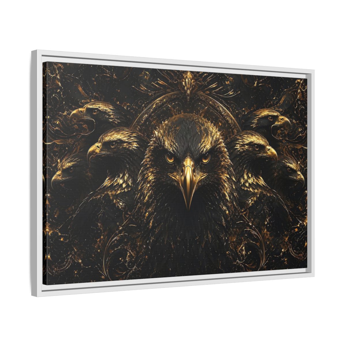 Side Mockup 10. Animals Eagles Black And Gold Eagle shown as stretched canvas wall art