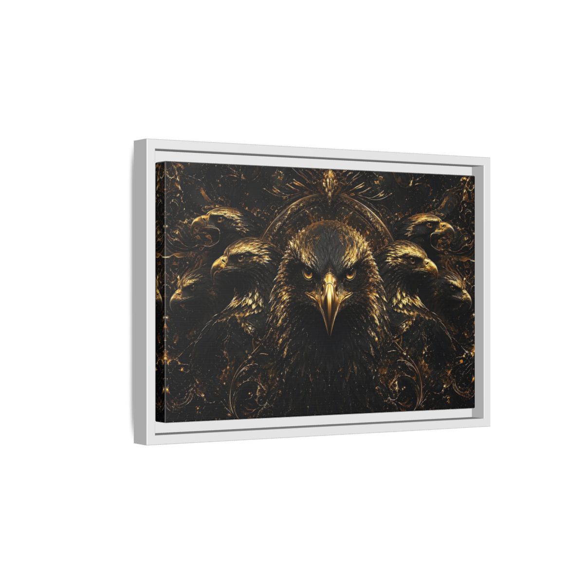 Side Mockup 4. Animals Eagles Black And Gold Eagle shown as stretched canvas wall art