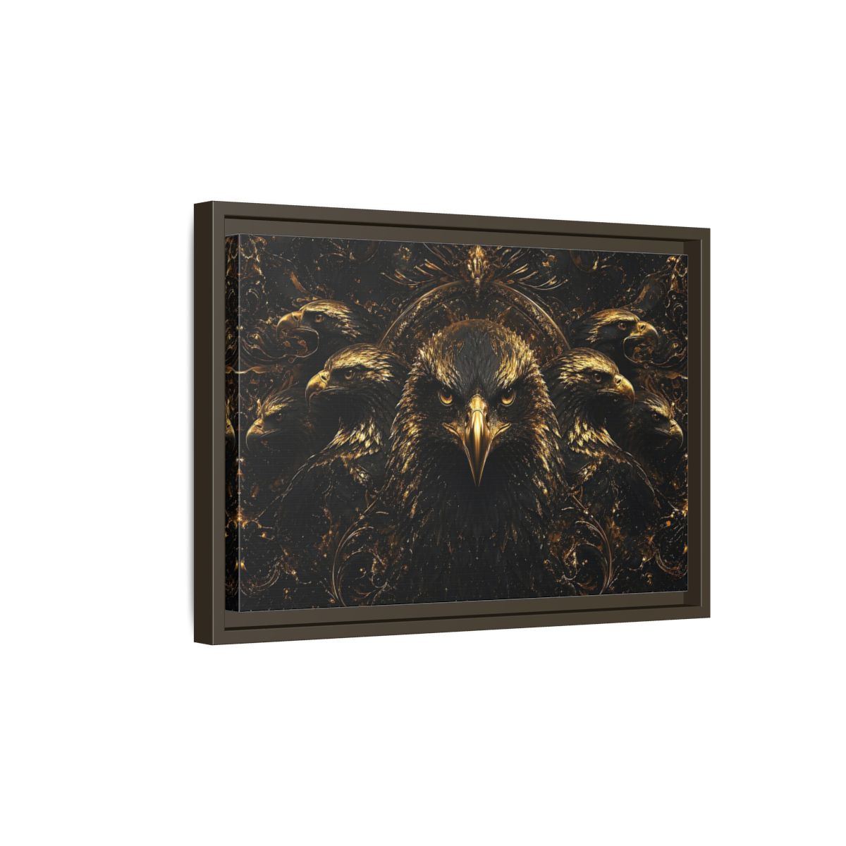 Side Mockup 5. Animals Eagles Black And Gold Eagle shown as stretched canvas wall art