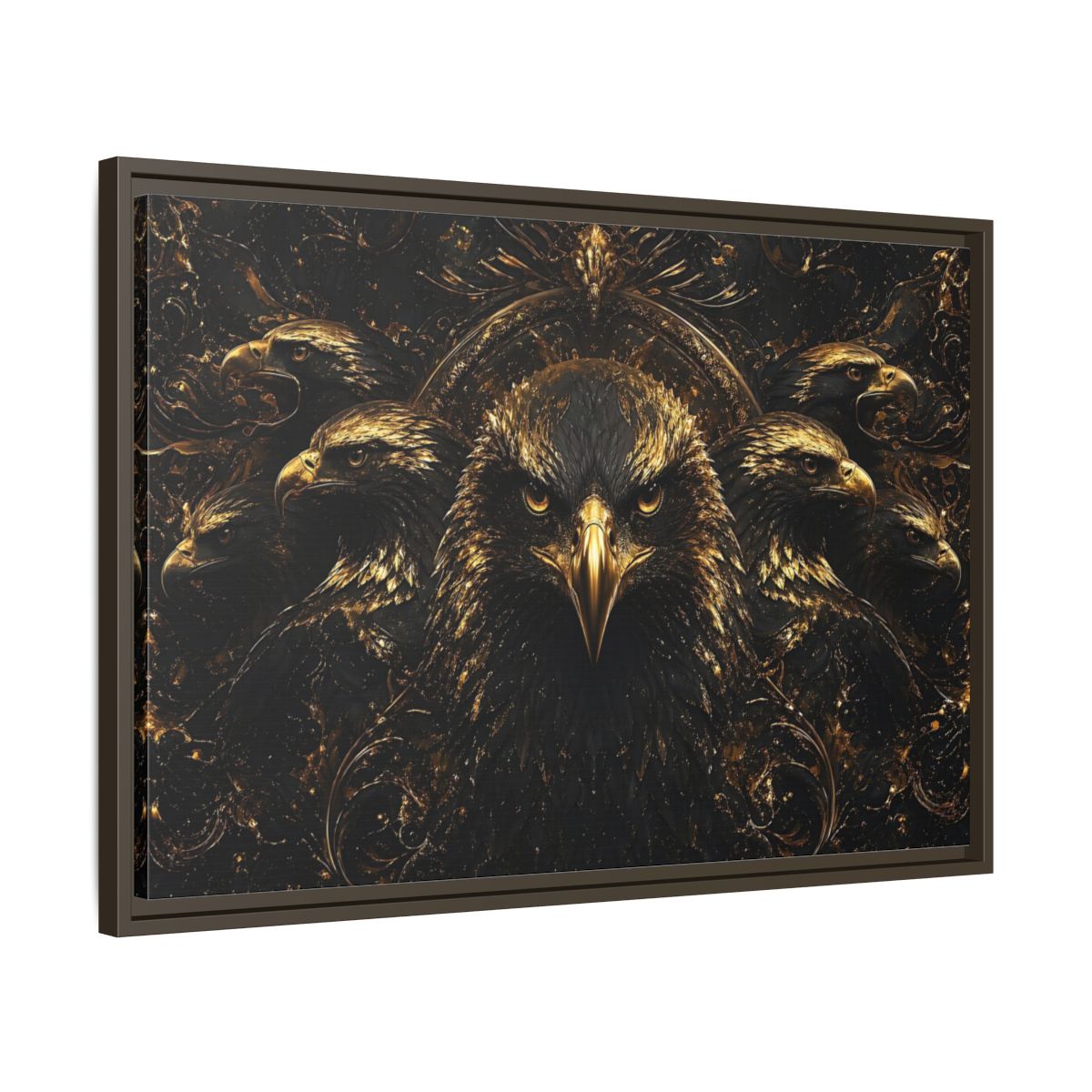 Side Mockup 11. Animals Eagles Black And Gold Eagle shown as stretched canvas wall art