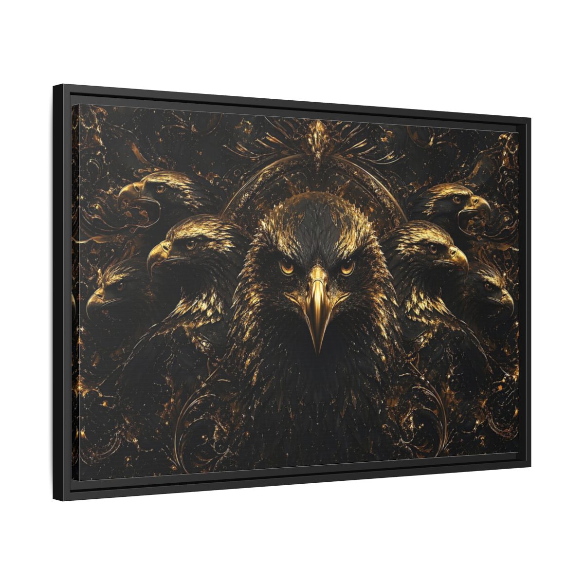 Side Mockup 14. Animals Eagles Black And Gold Eagle shown as stretched canvas wall art