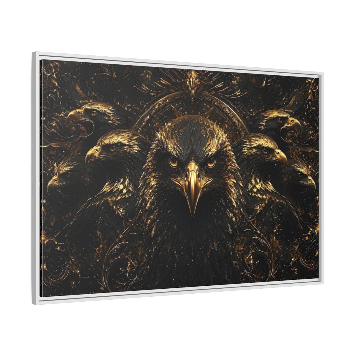 Side Mockup 7. Animals Eagles Black And Gold Eagle shown as stretched canvas wall art