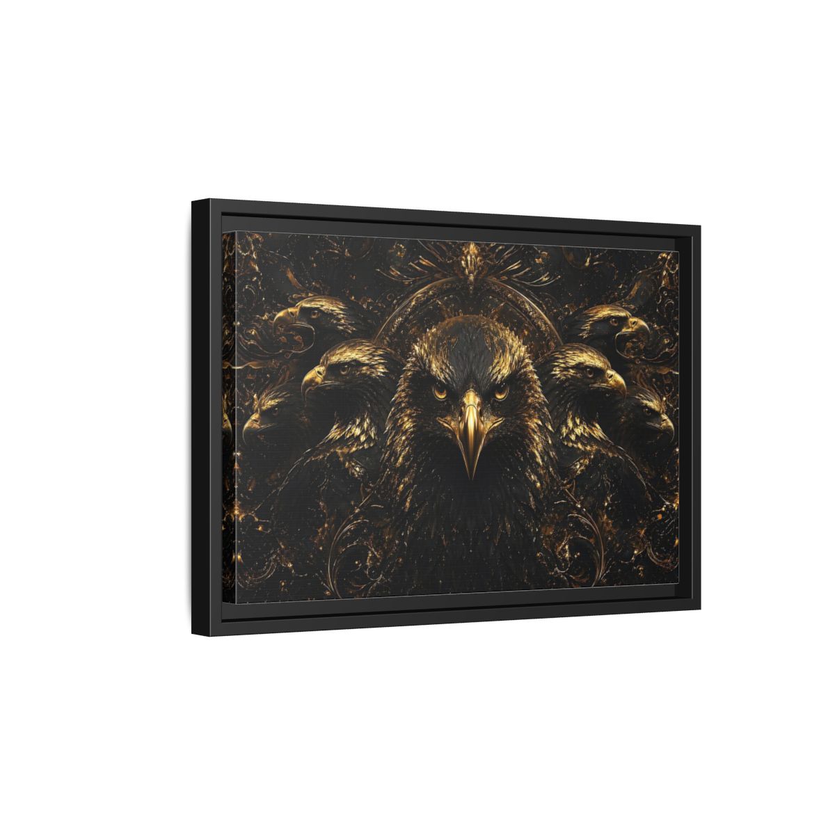 Side Mockup 6. Animals Eagles Black And Gold Eagle shown as stretched canvas wall art