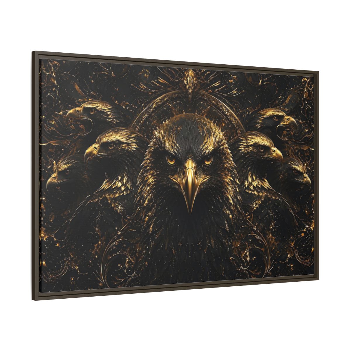 Side Mockup 8. Animals Eagles Black And Gold Eagle shown as stretched canvas wall art