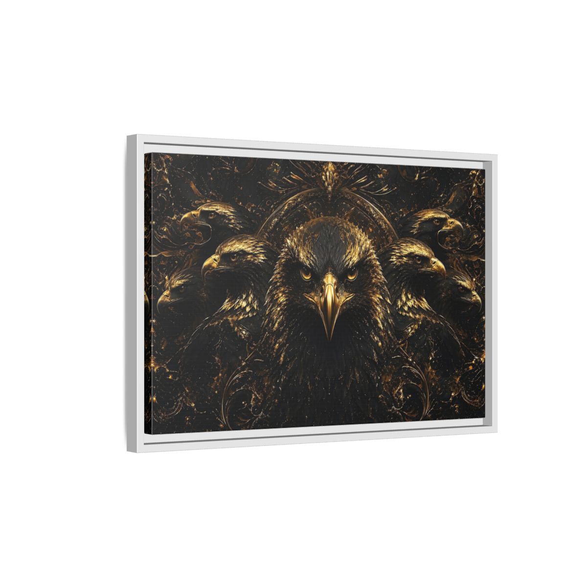 Side Mockup 1. Animals Eagles Black And Gold Eagle shown as stretched canvas wall art