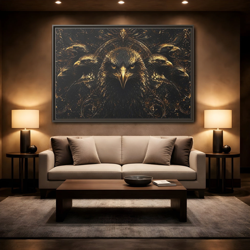 Mockup 2. Animals Eagles Black And Gold Eagle shown as stretched canvas wall art