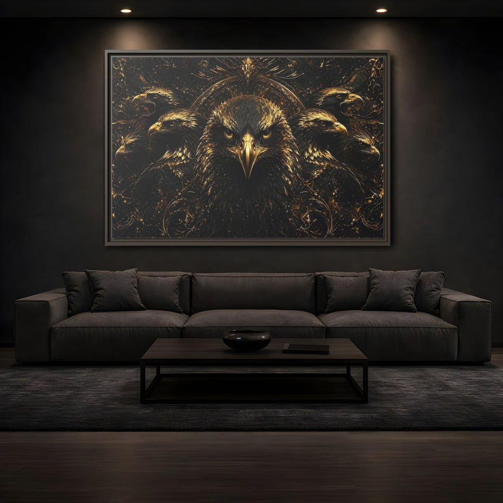 Mockup 3. Animals Eagles Black And Gold Eagle shown as stretched canvas wall art