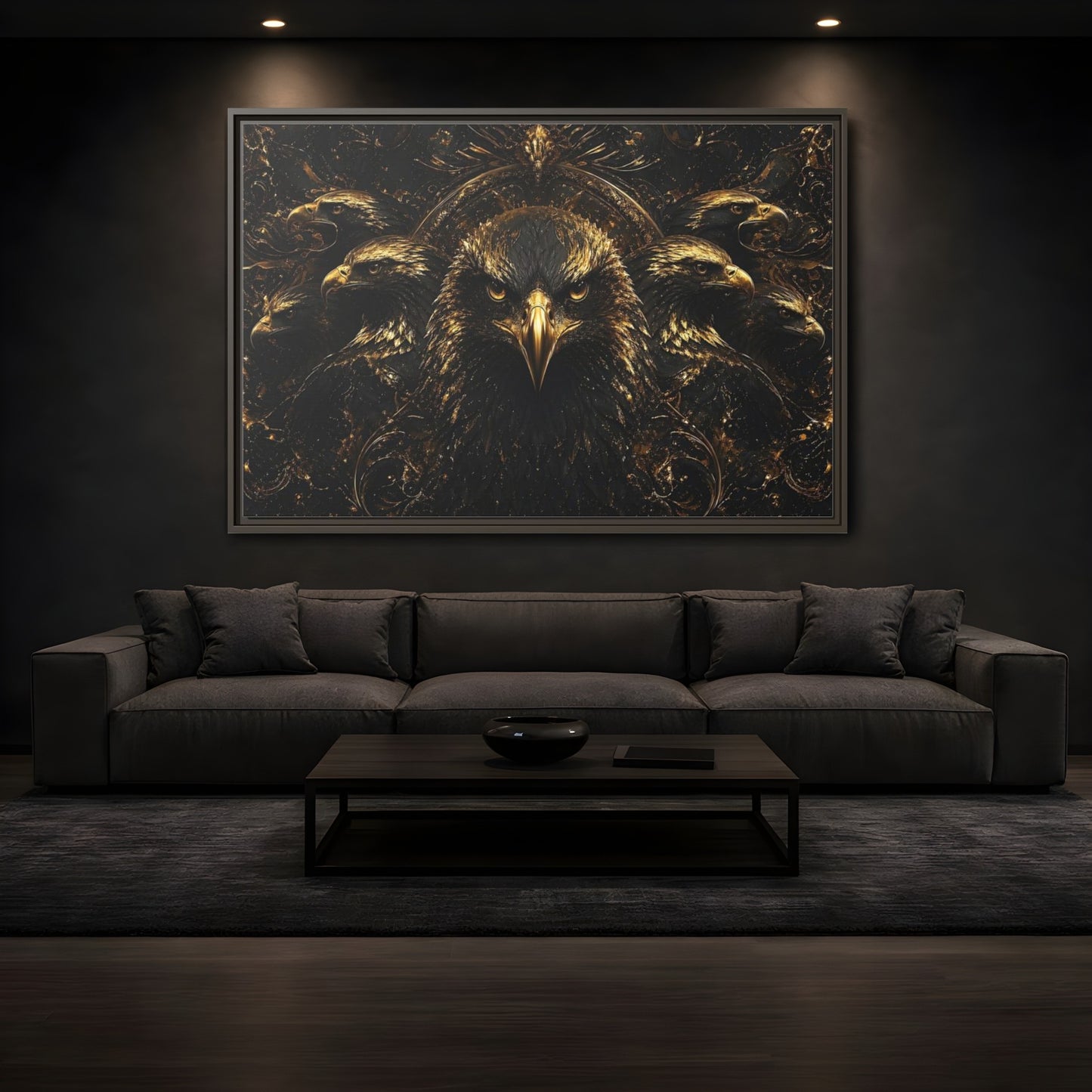 Mockup 3. Animals Eagles Black And Gold Eagle shown as stretched canvas wall art