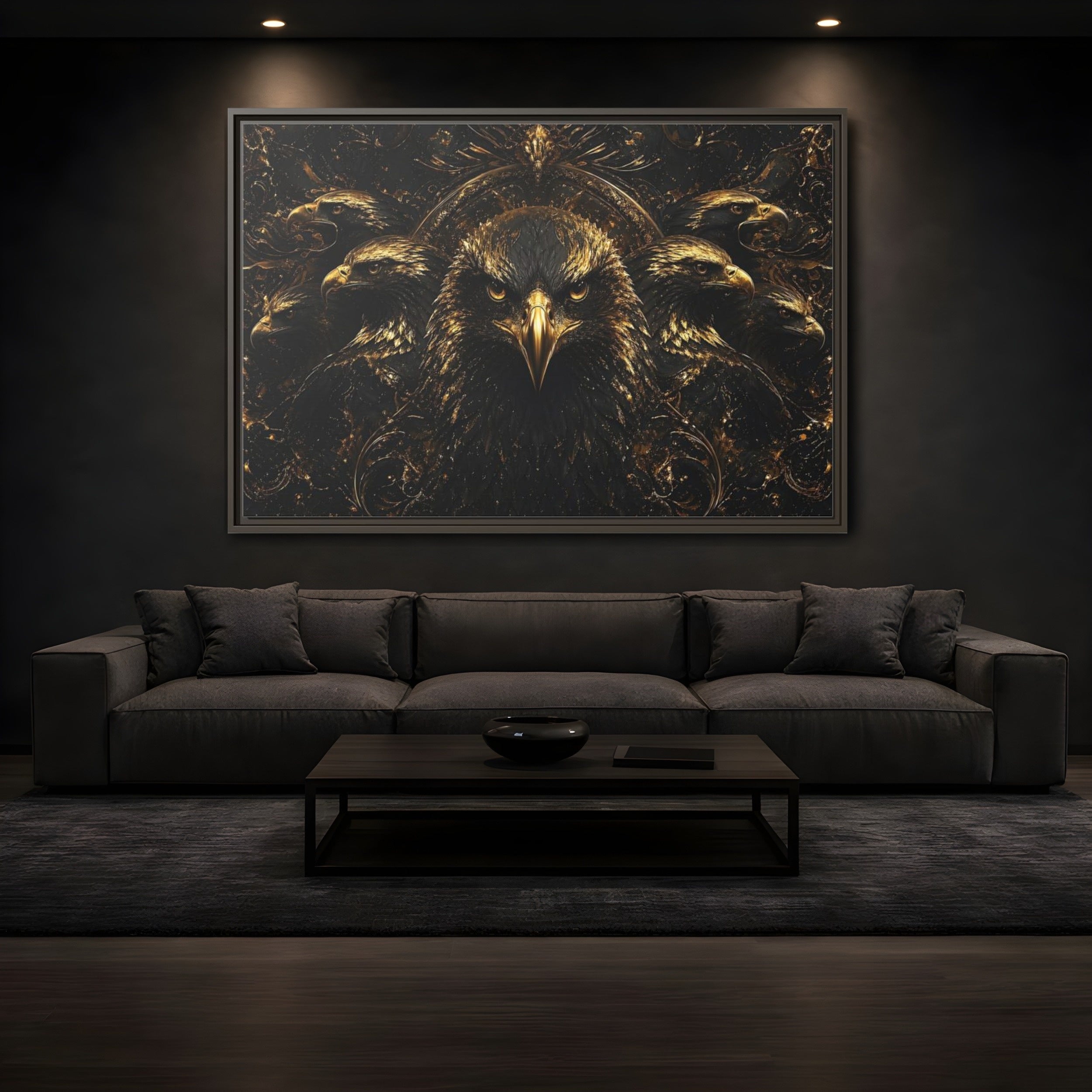 Mockup 3. Animals Eagles Black And Gold Eagle shown as stretched canvas wall art