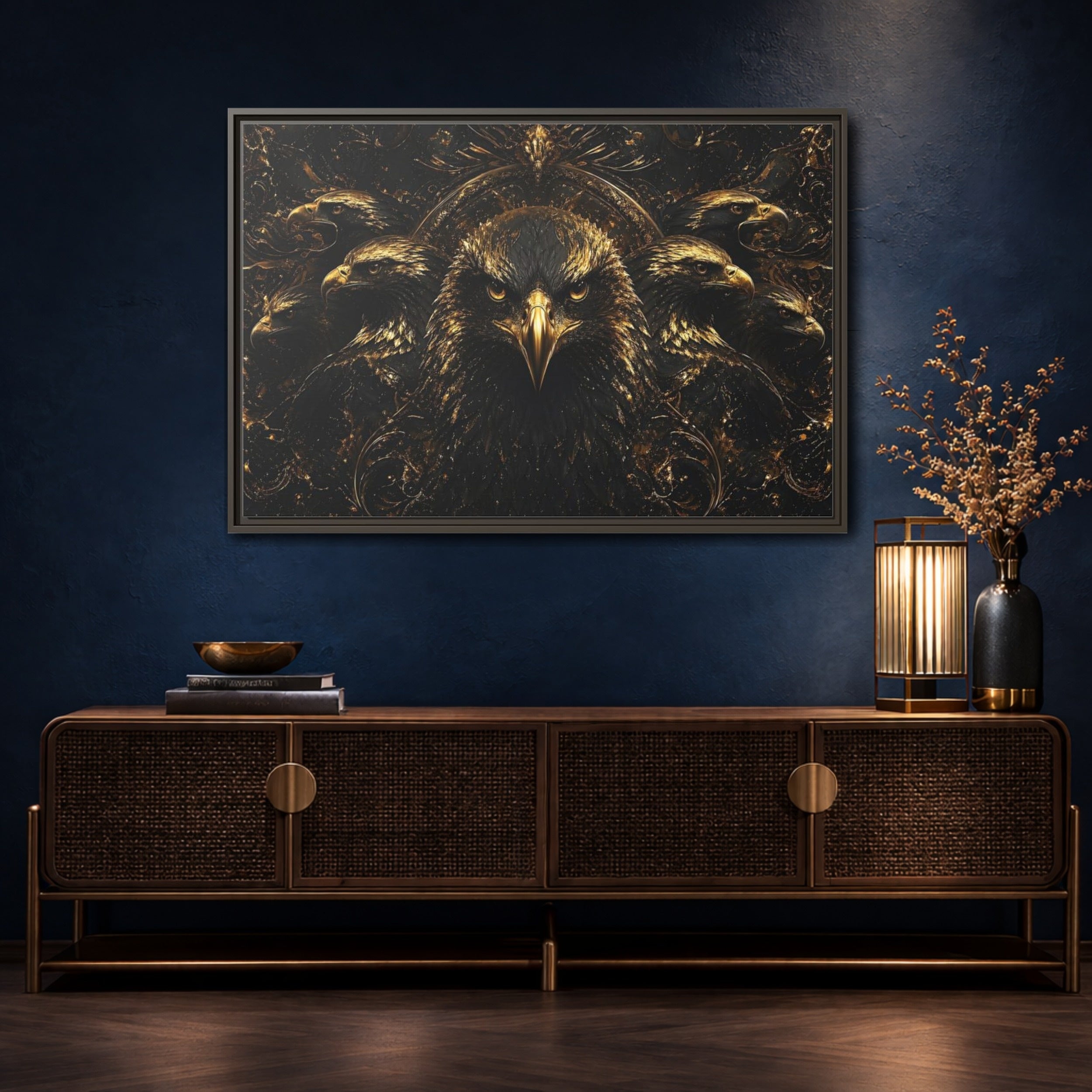 Mockup 4. Animals Eagles Black And Gold Eagle shown as stretched canvas wall art