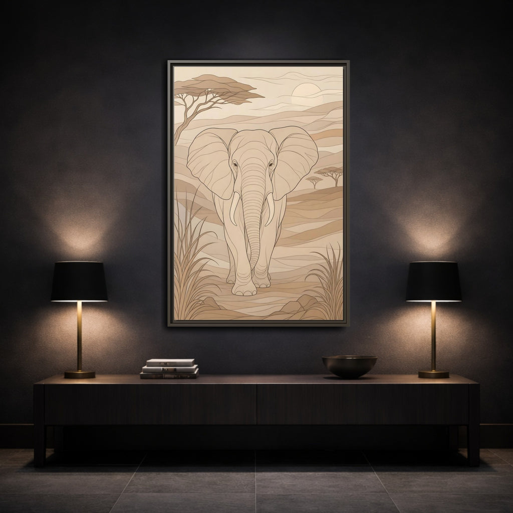 Mockup 3. Animals Elephant Brown And Beige shown as stretched canvas wall art