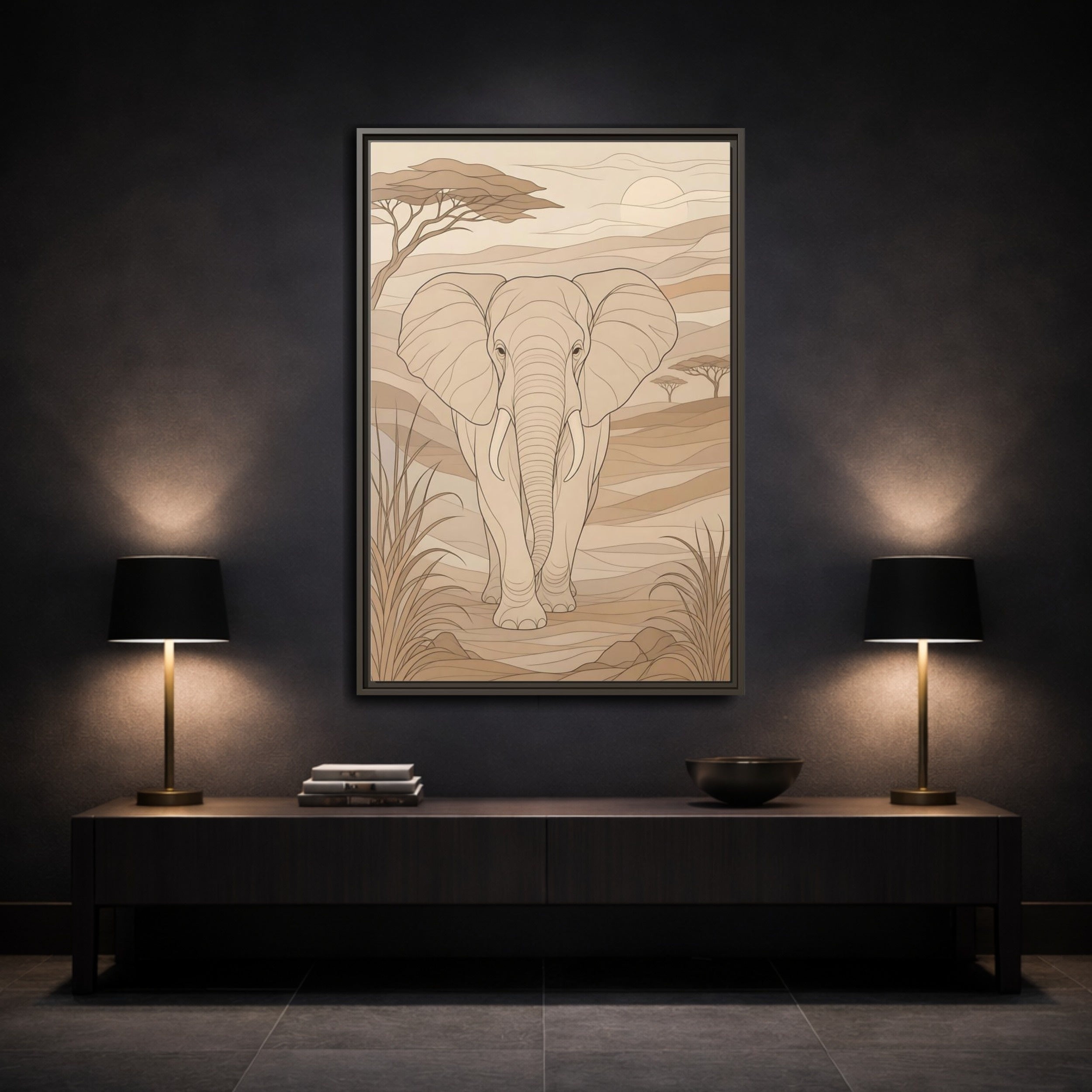 Mockup 3. Animals Elephant Brown And Beige shown as stretched canvas wall art