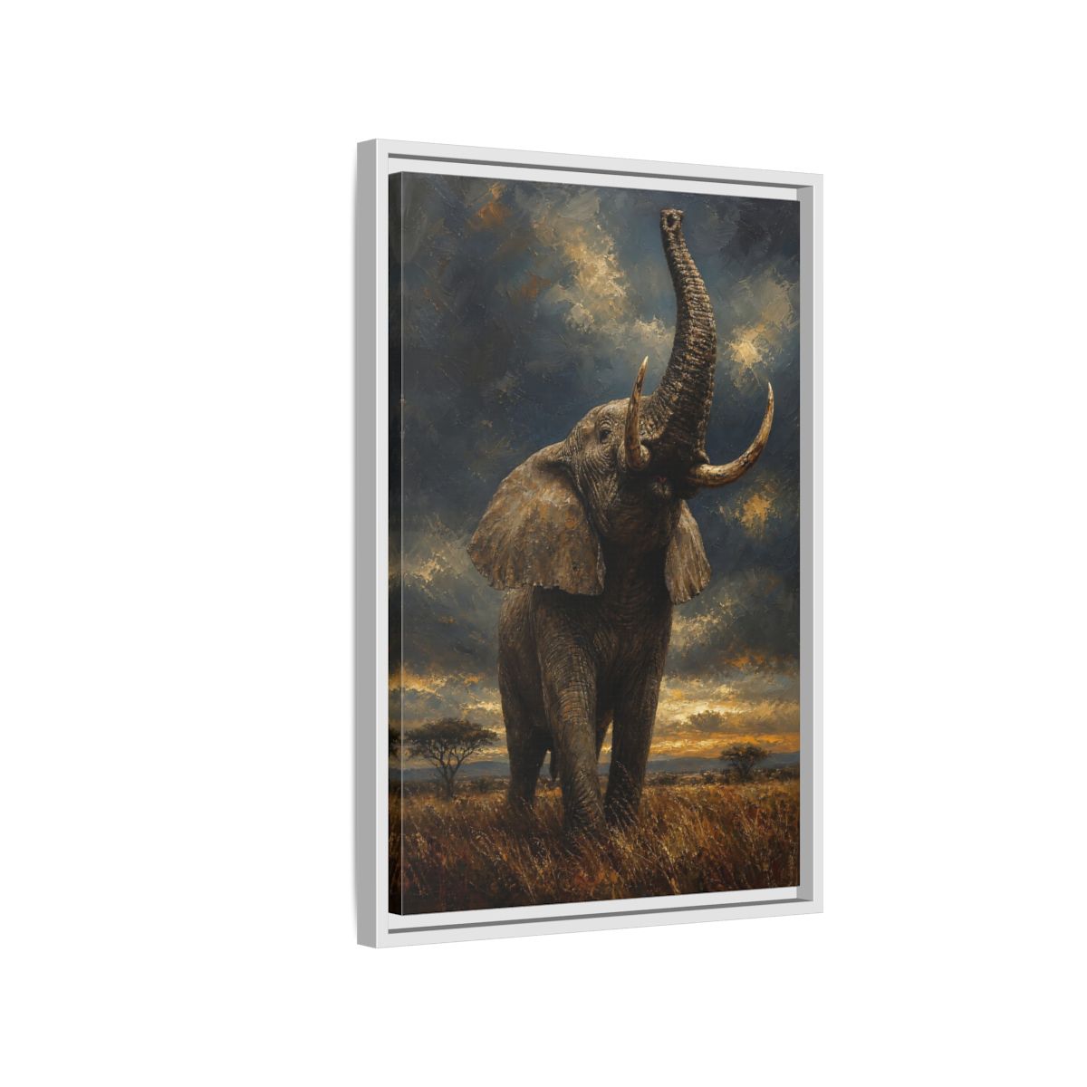 Side Mockup 1. Animals Elephant Brown And Gold shown as stretched canvas wall art