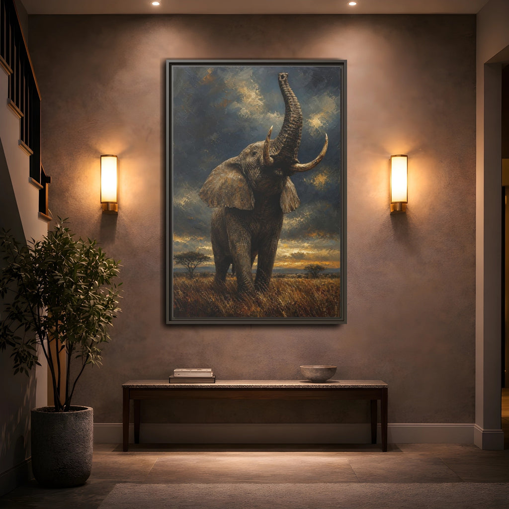 Mockup 2. Animals Elephant Brown And Gold shown as stretched canvas wall art