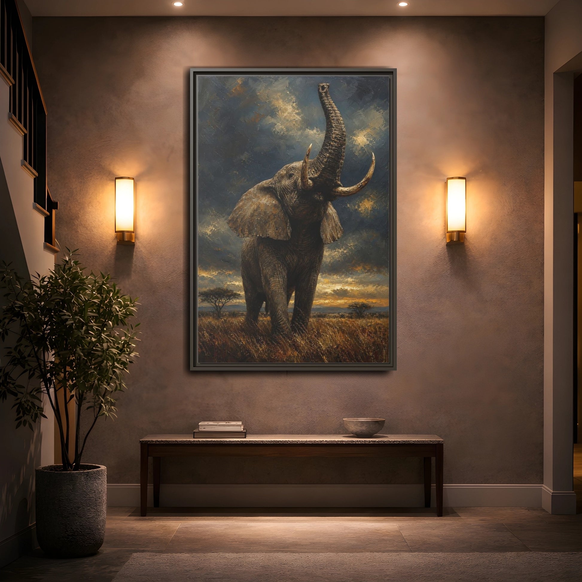 Mockup 2. Animals Elephant Brown And Gold shown as stretched canvas wall art