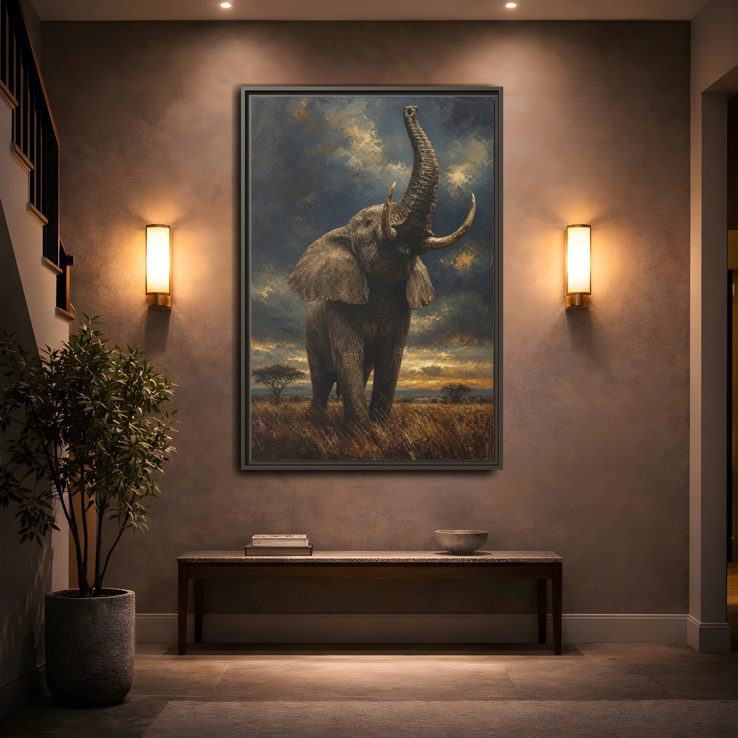 Mockup 2. Animals Elephant Brown And Gold shown as stretched canvas wall art