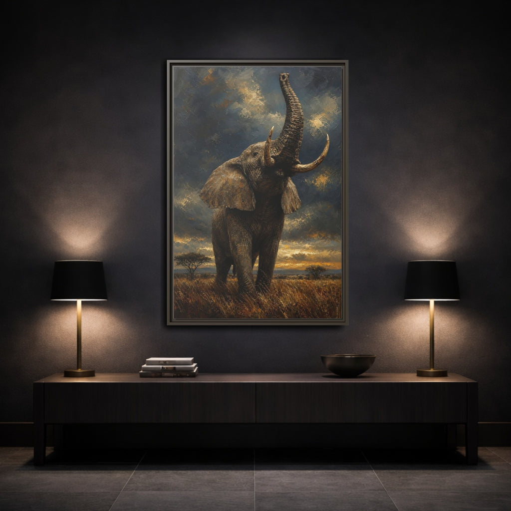Mockup 3. Animals Elephant Brown And Gold shown as stretched canvas wall art