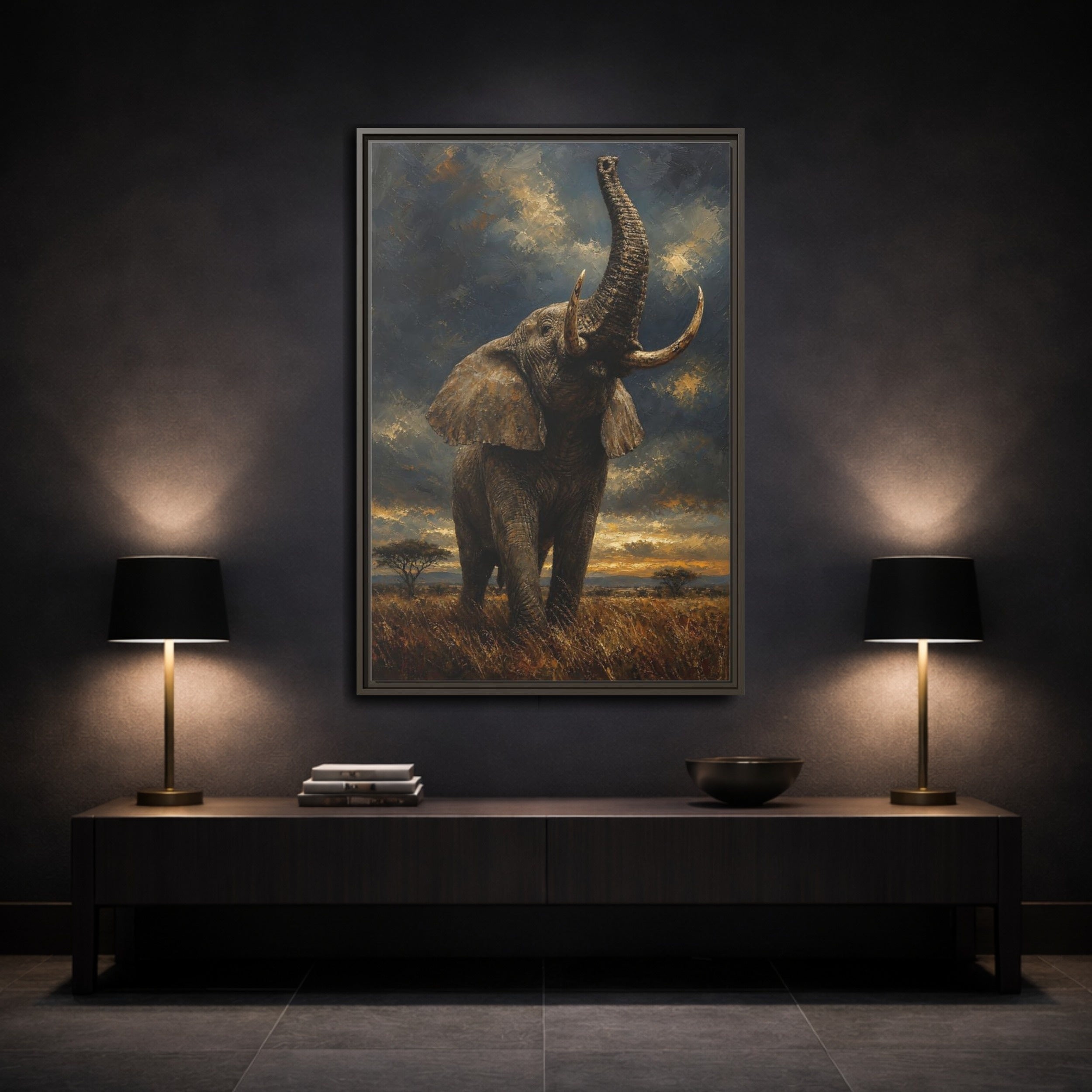 Mockup 3. Animals Elephant Brown And Gold shown as stretched canvas wall art
