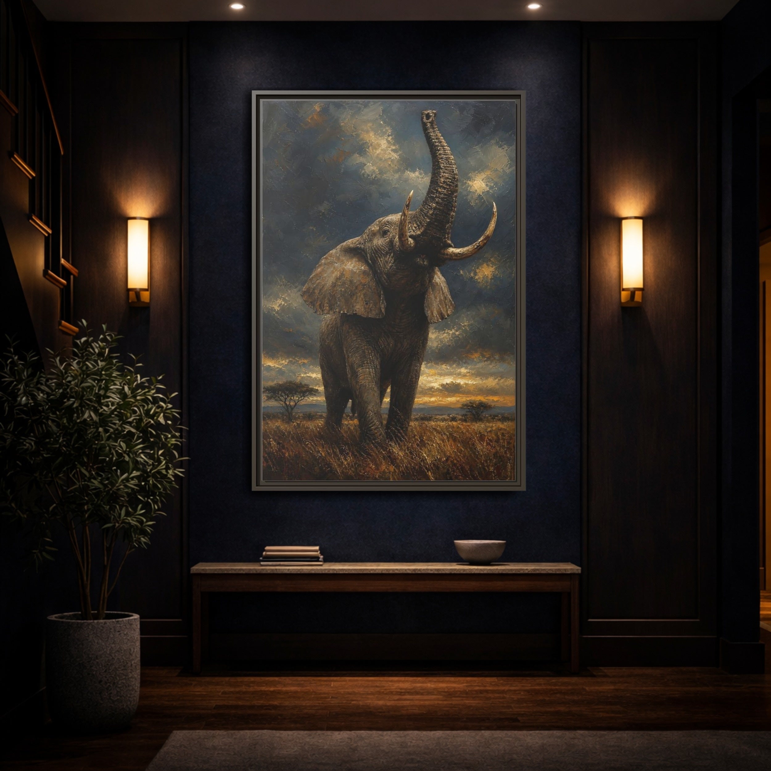 Mockup 4. Animals Elephant Brown And Gold shown as stretched canvas wall art