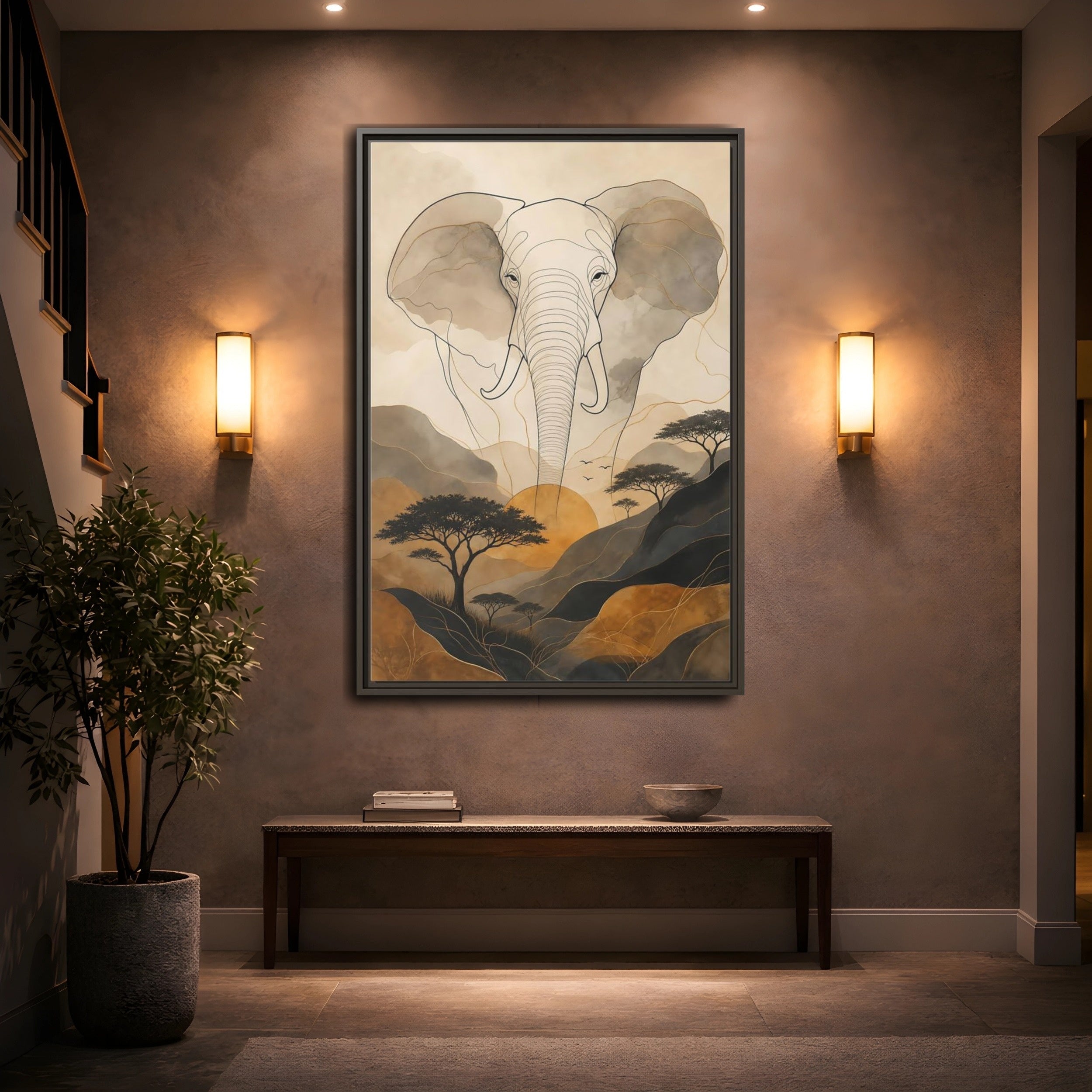 Mockup 2. Animals Elephant Brown Gold Safari shown as stretched canvas wall art