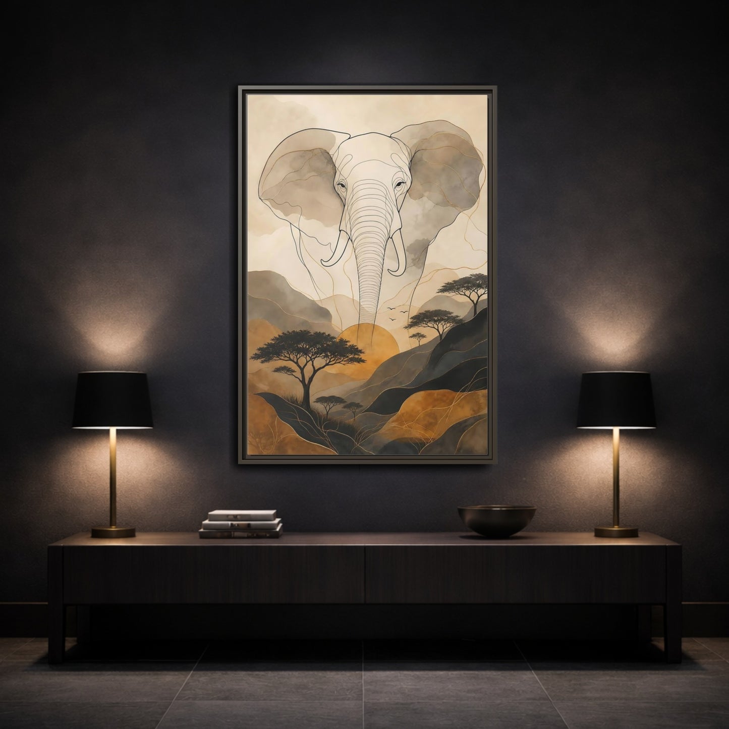 Mockup 3. Animals Elephant Brown Gold Safari shown as stretched canvas wall art