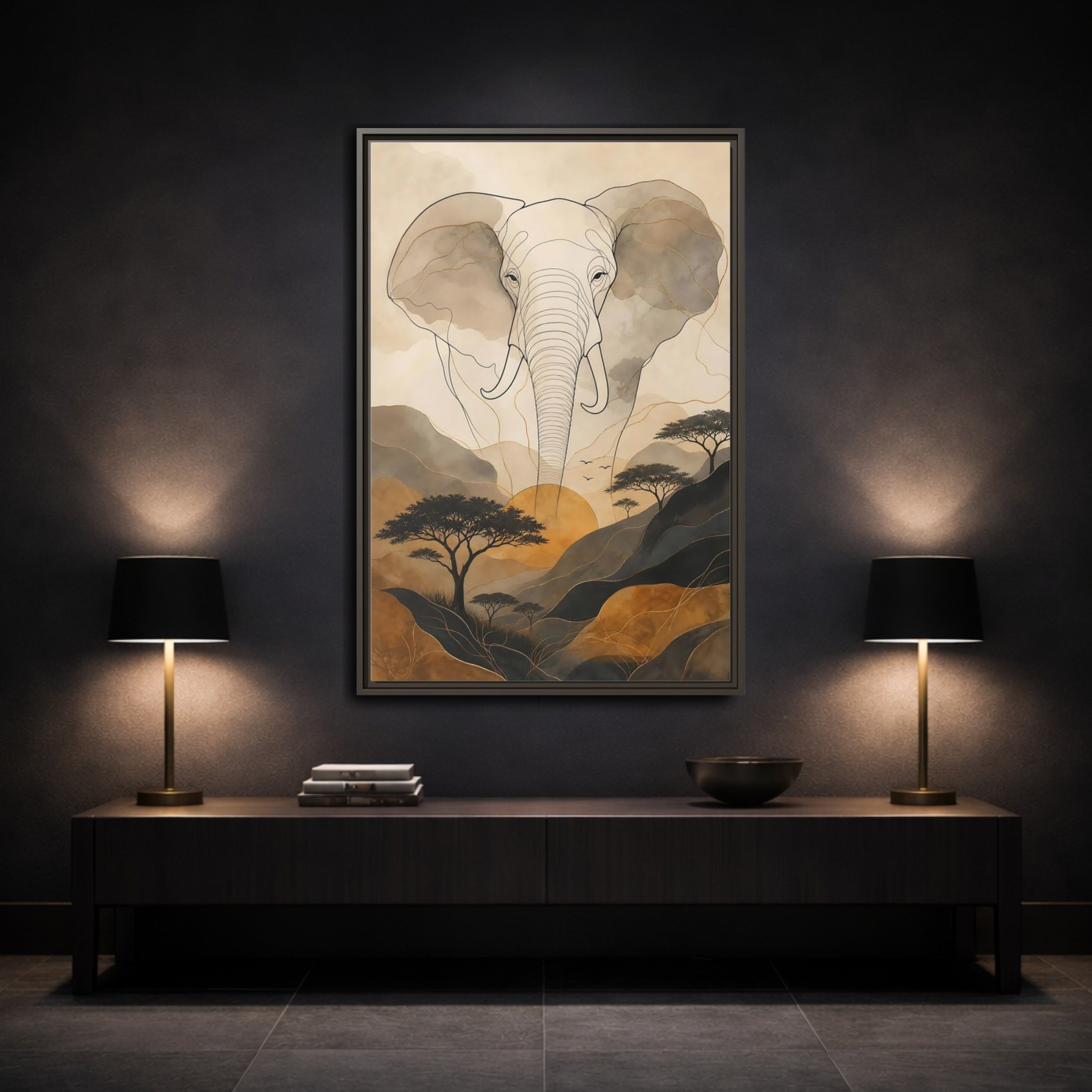 Mockup 3. Animals Elephant Brown Gold Safari shown as stretched canvas wall art