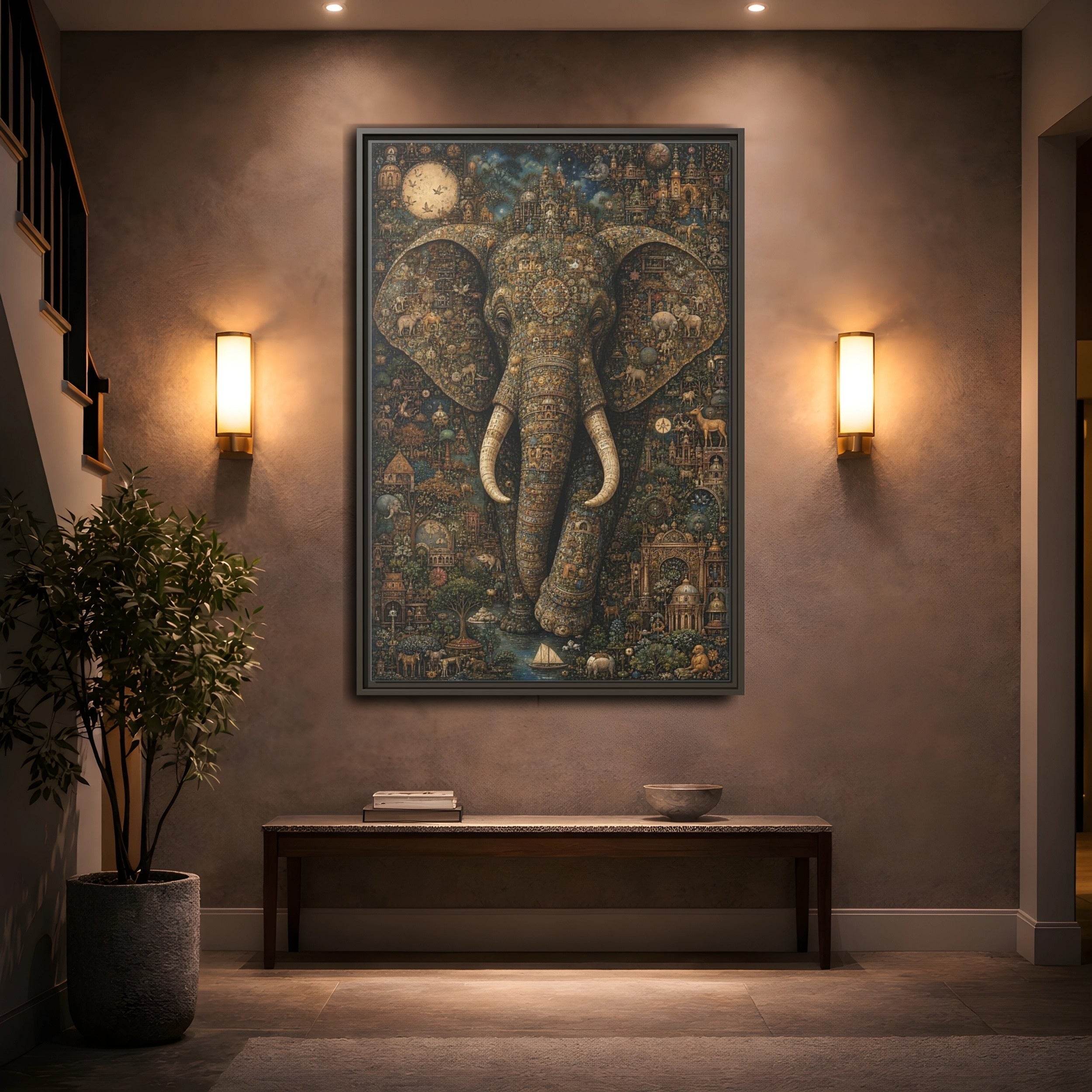 Mockup 2. Animals Elephant Golden Elephant shown as stretched canvas wall art