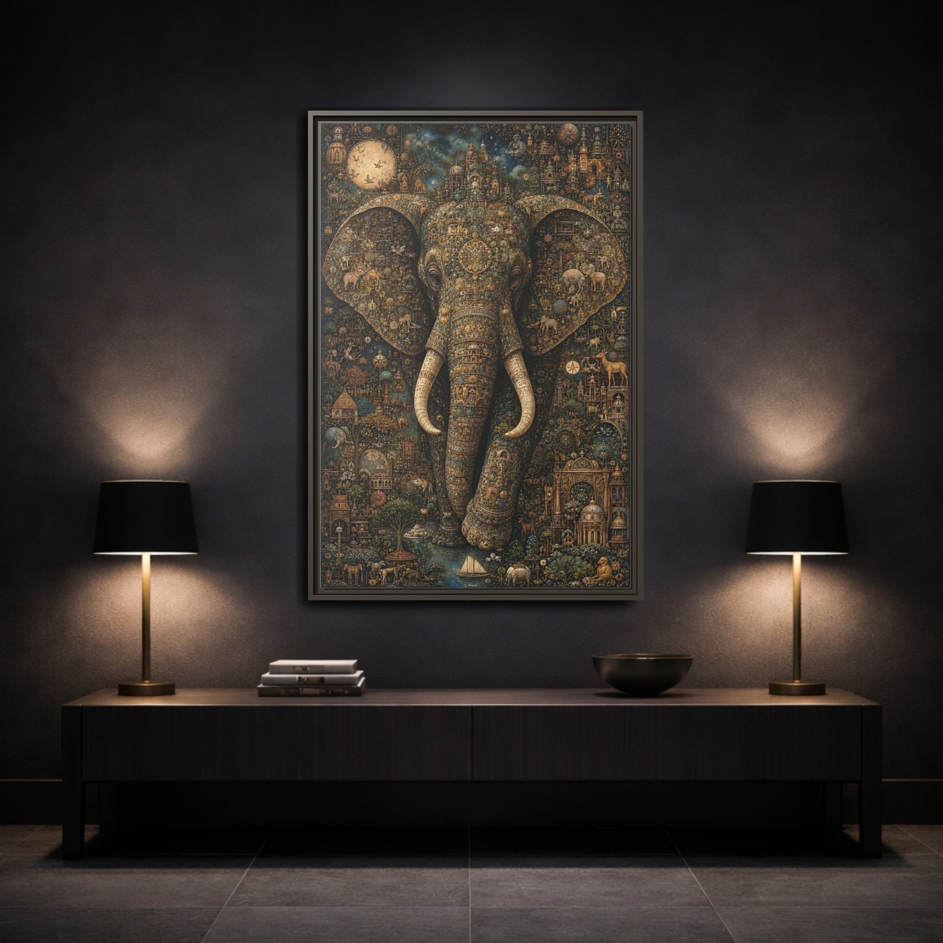 Mockup 3. Animals Elephant Golden Elephant shown as stretched canvas wall art