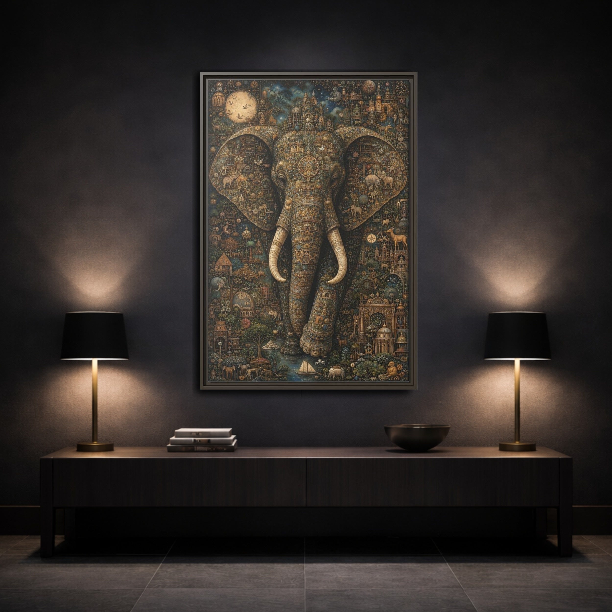 Mockup 3. Animals Elephant Golden Elephant shown as stretched canvas wall art
