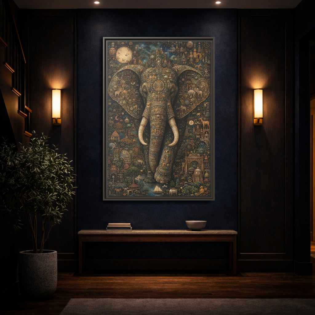Mockup 4. Animals Elephant Golden Elephant shown as stretched canvas wall art