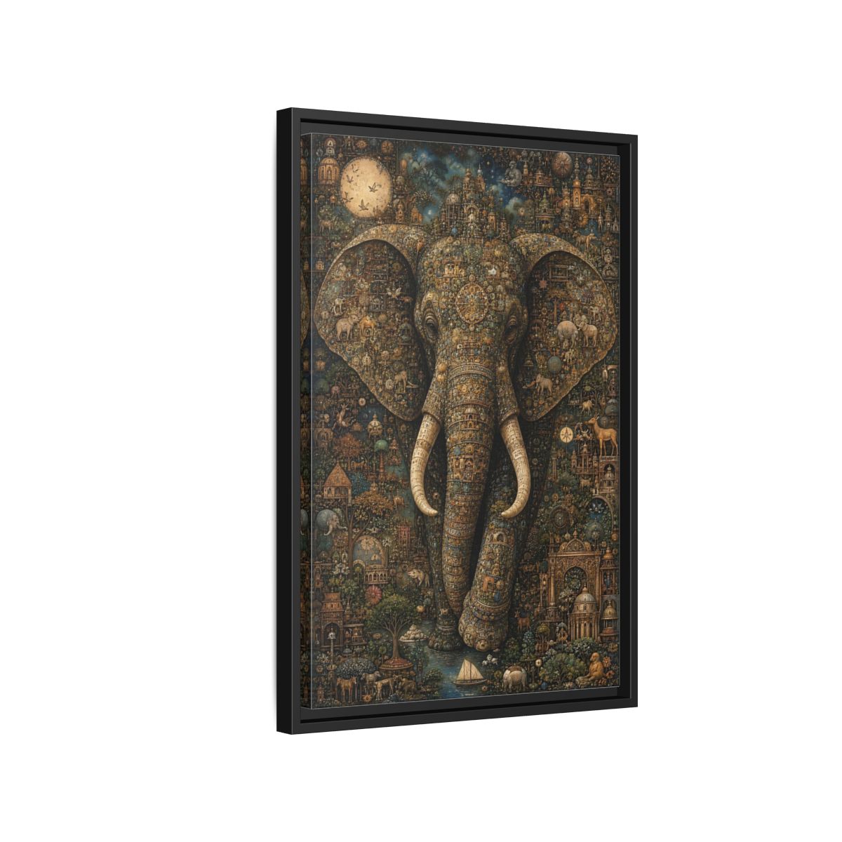 Side Mockup 3. Animals Elephant Golden Elephant shown as stretched canvas wall art
