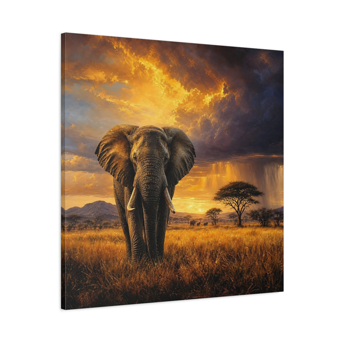 Main Mockup. Animals Elephant Golden Savanna shown as stretched canvas wall art