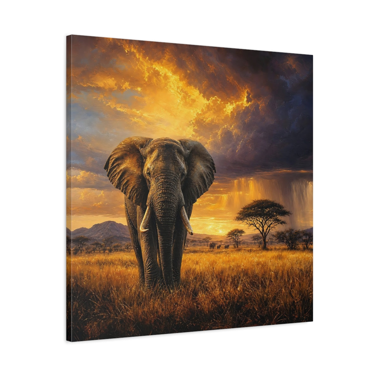 Side Mockup 3. Animals Elephant Golden Savanna shown as stretched canvas wall art