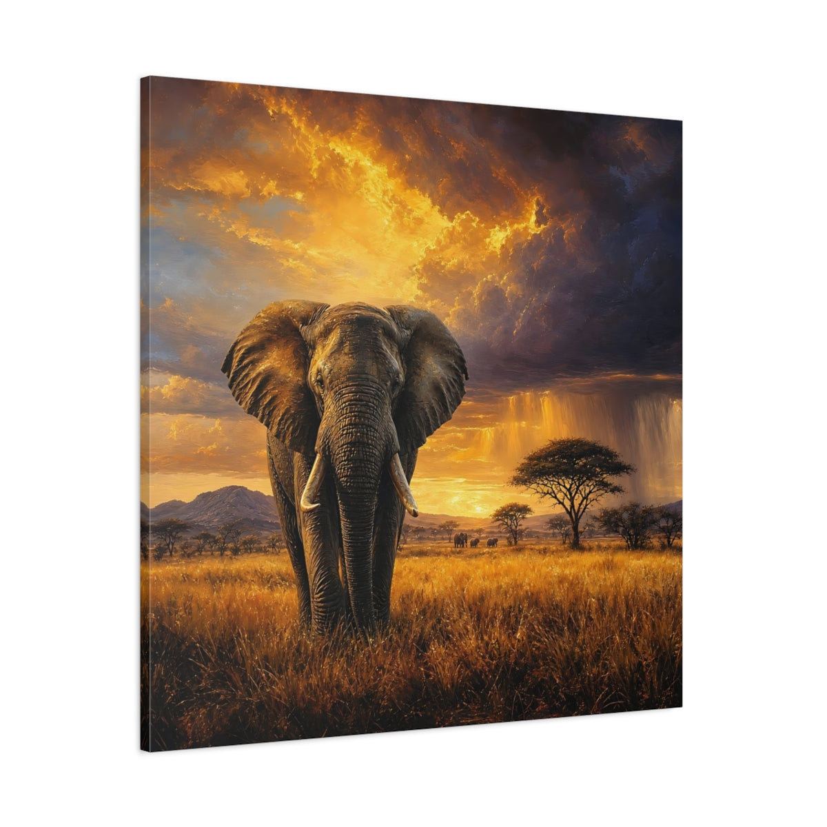 Side Mockup 1. Animals Elephant Golden Savanna shown as stretched canvas wall art