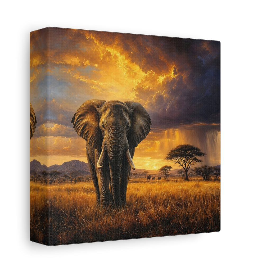 Side Mockup 2. Animals Elephant Golden Savanna shown as stretched canvas wall art