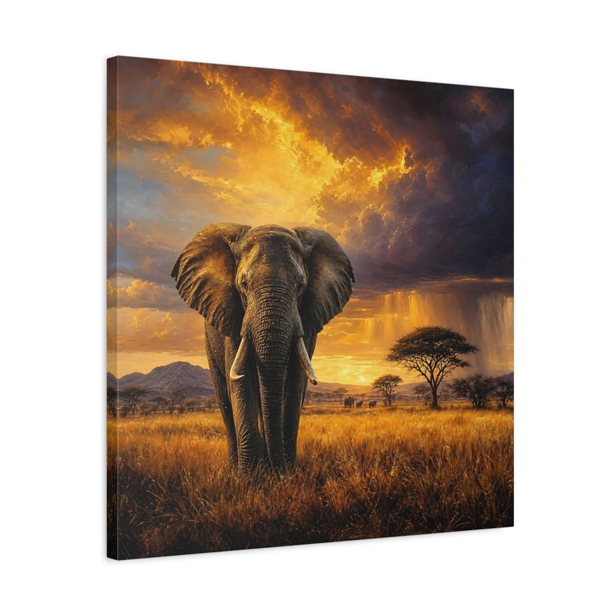 Side Mockup 4. Animals Elephant Golden Savanna shown as stretched canvas wall art