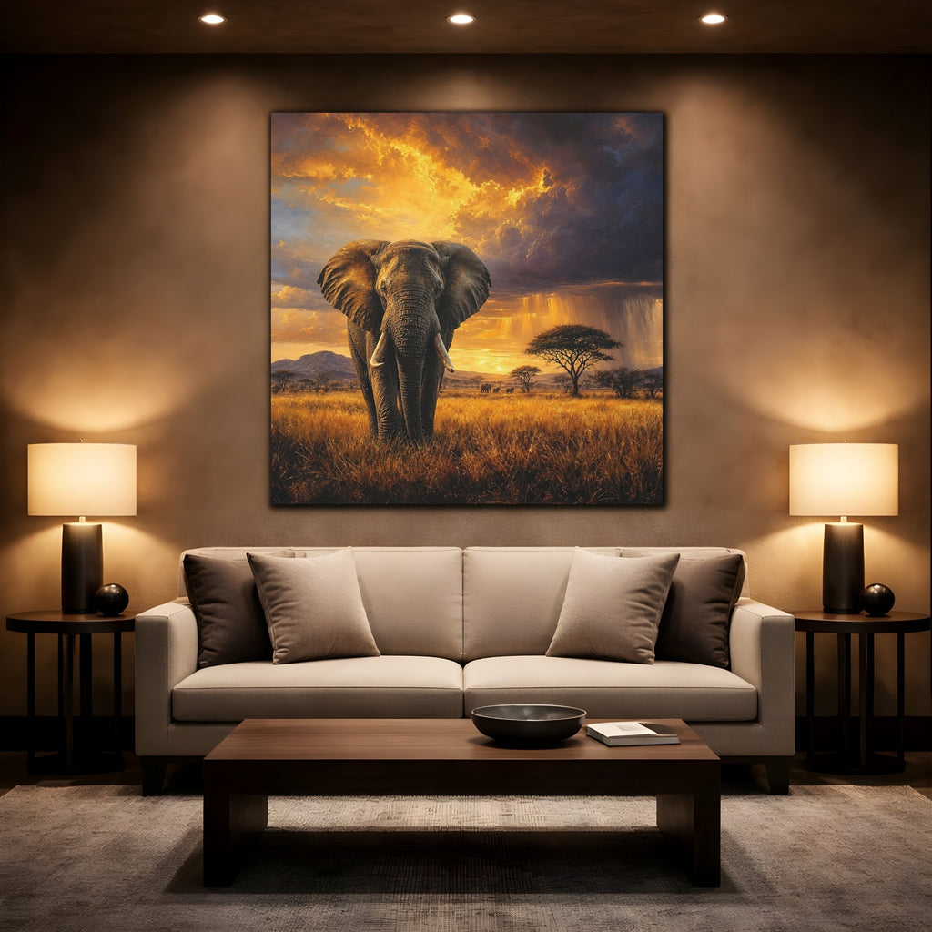 Mockup 2. Animals Elephant Golden Savanna shown as stretched canvas wall art