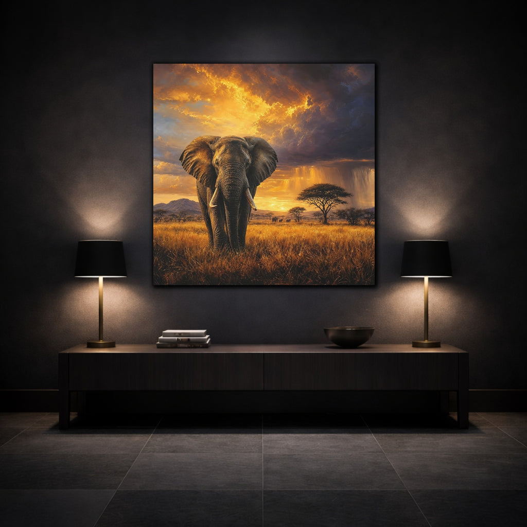 Mockup 3. Animals Elephant Golden Savanna shown as stretched canvas wall art
