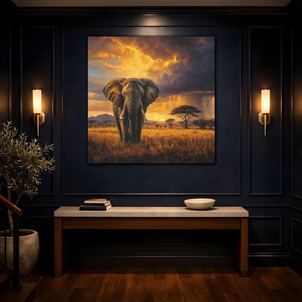 Mockup 4. Animals Elephant Golden Savanna shown as stretched canvas wall art