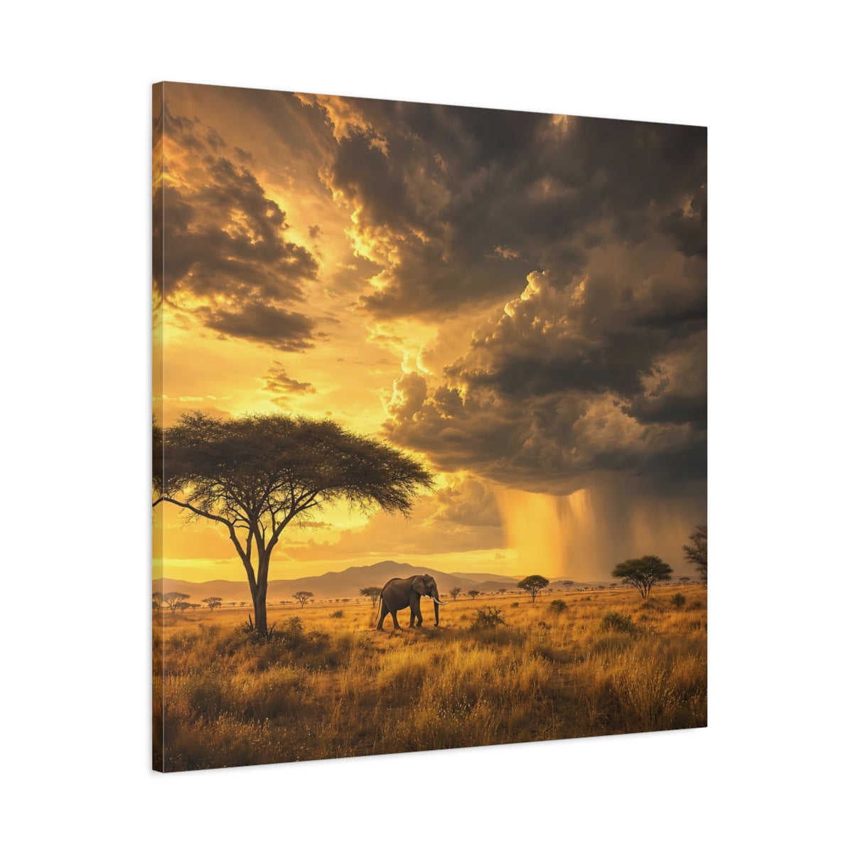 Main Mockup. Animals Elephant Golden Savannah shown as stretched canvas wall art