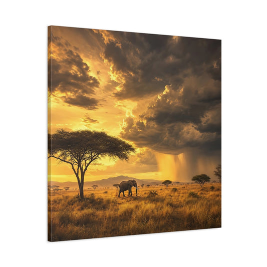 Main Mockup. Animals Elephant Golden Savannah shown as stretched canvas wall art